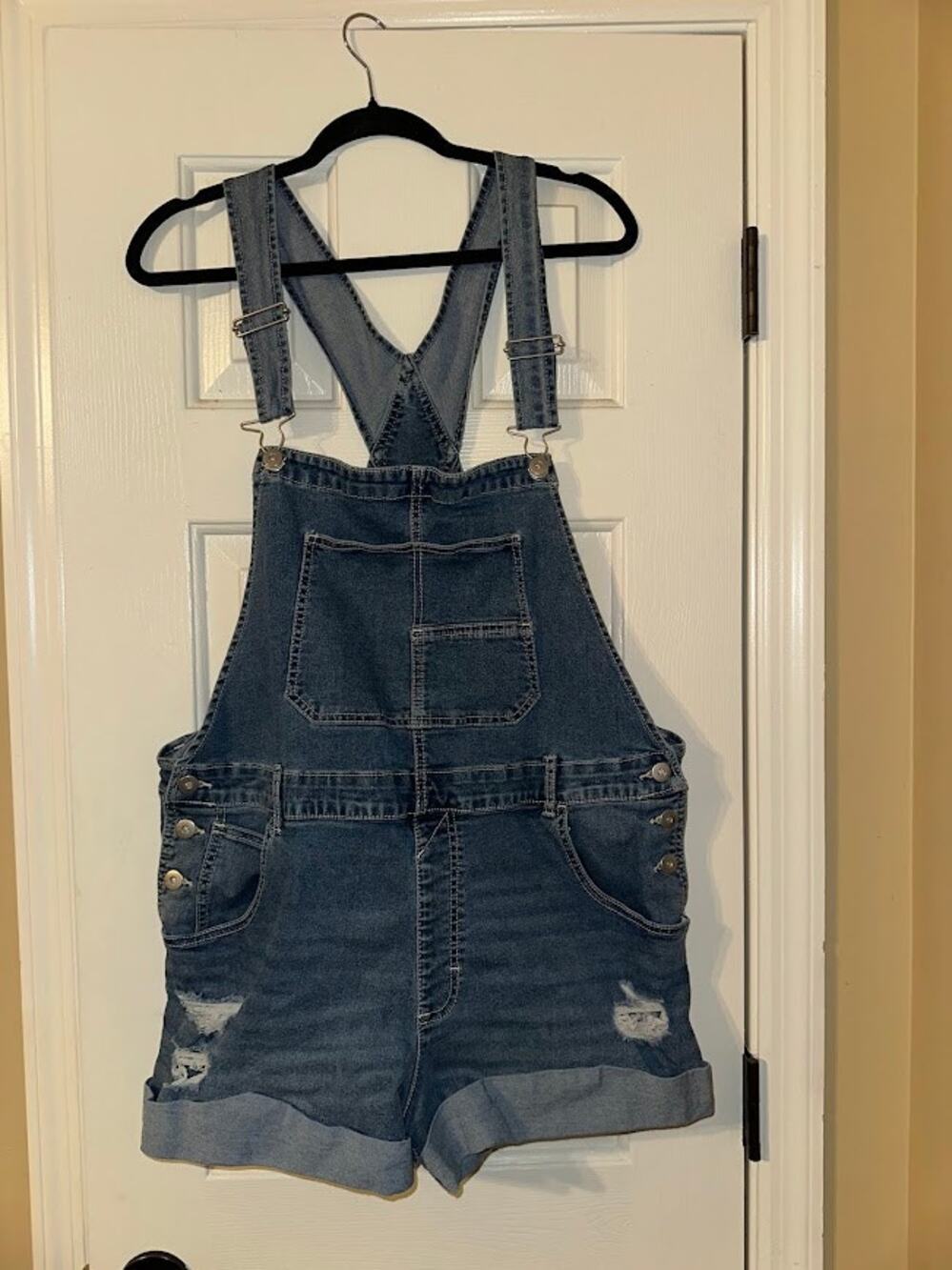 Distressed Denim Short Overalls Cuffed Shortalls